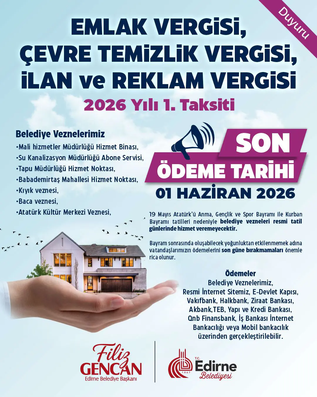 2026 YILI VERGİ ÖDEMELERİ 1. TAKSİT DÖNEMİ HAKKINDA DUYURU